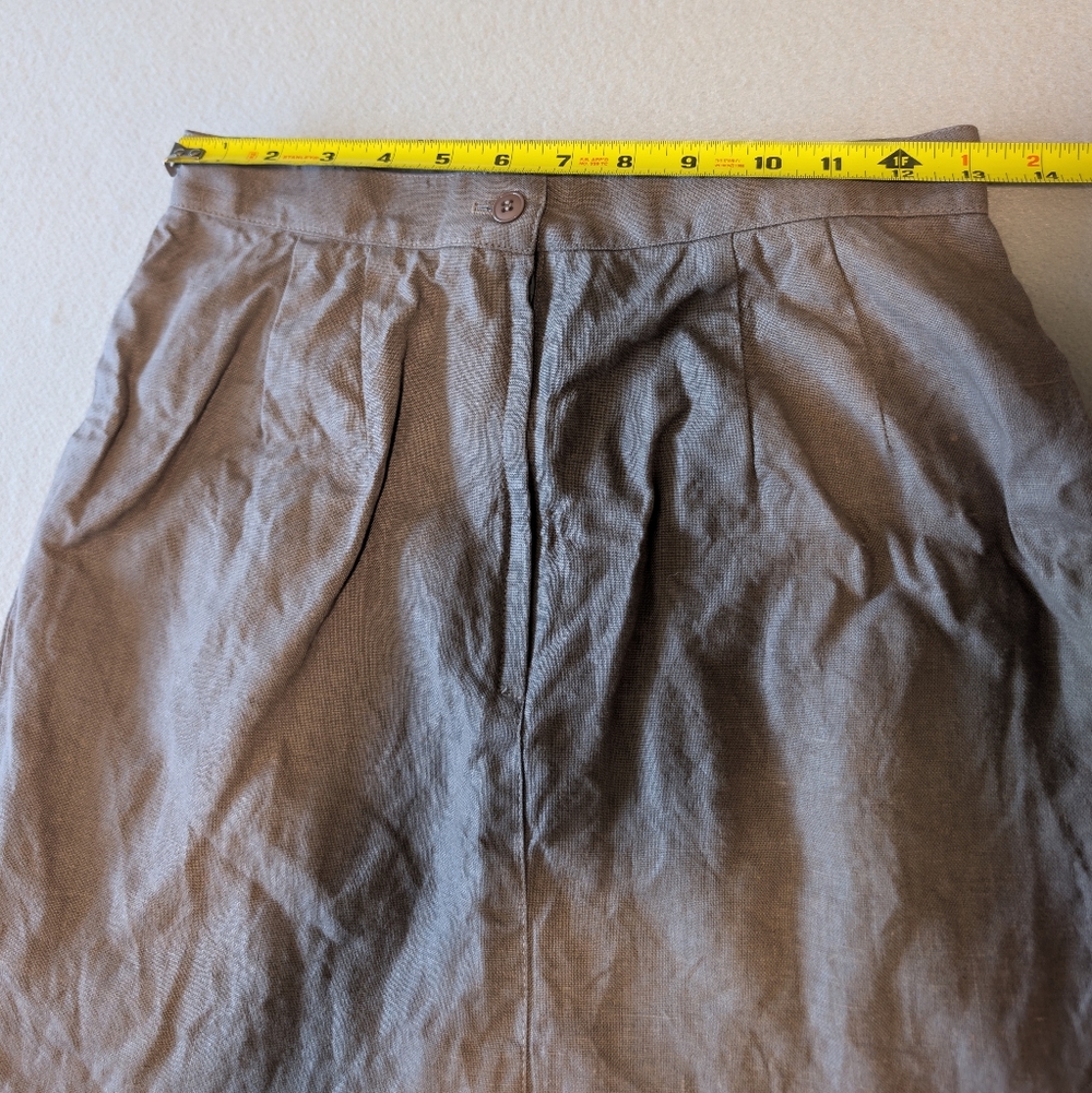 Vintage Finity Taupe Linen Pleated Knee Length Skirt Size 12 Small Natural Eco image 7